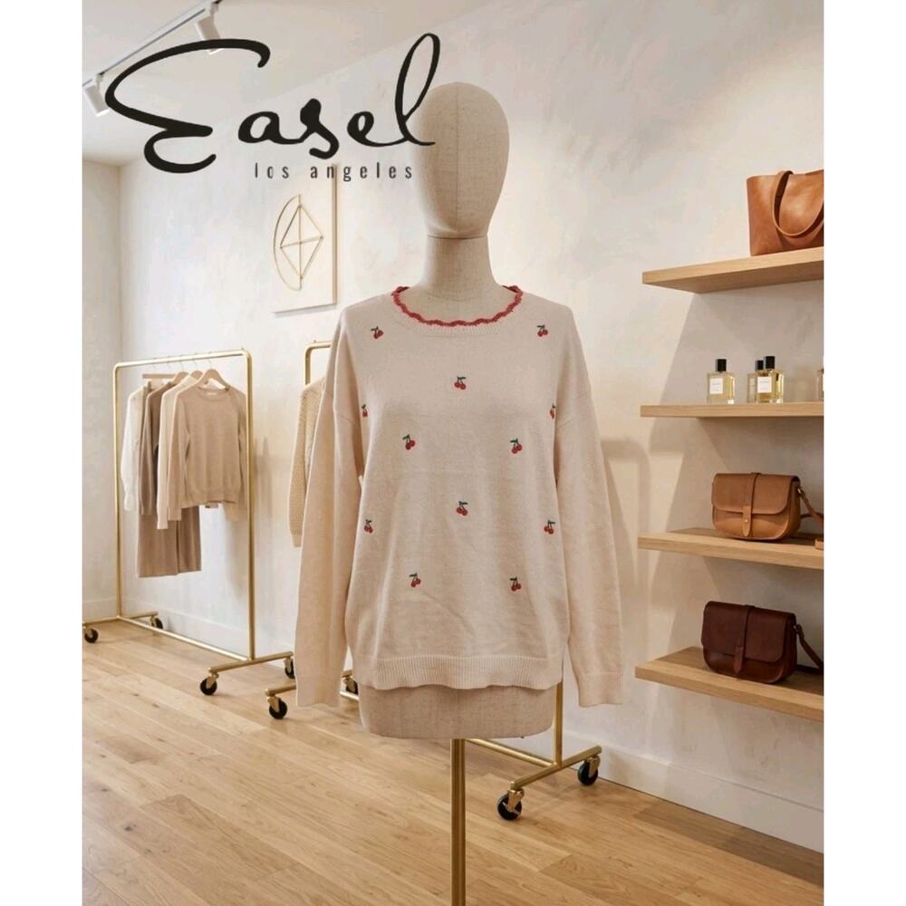 Easel Los Angeles Cherry Embroidered Sweater Anthropologie Boutique Brand Lux